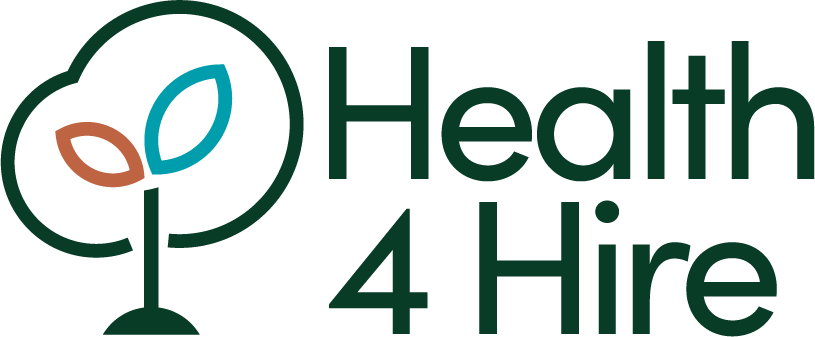 The words Health 4 Hire in dark green with a tree on an ivory background